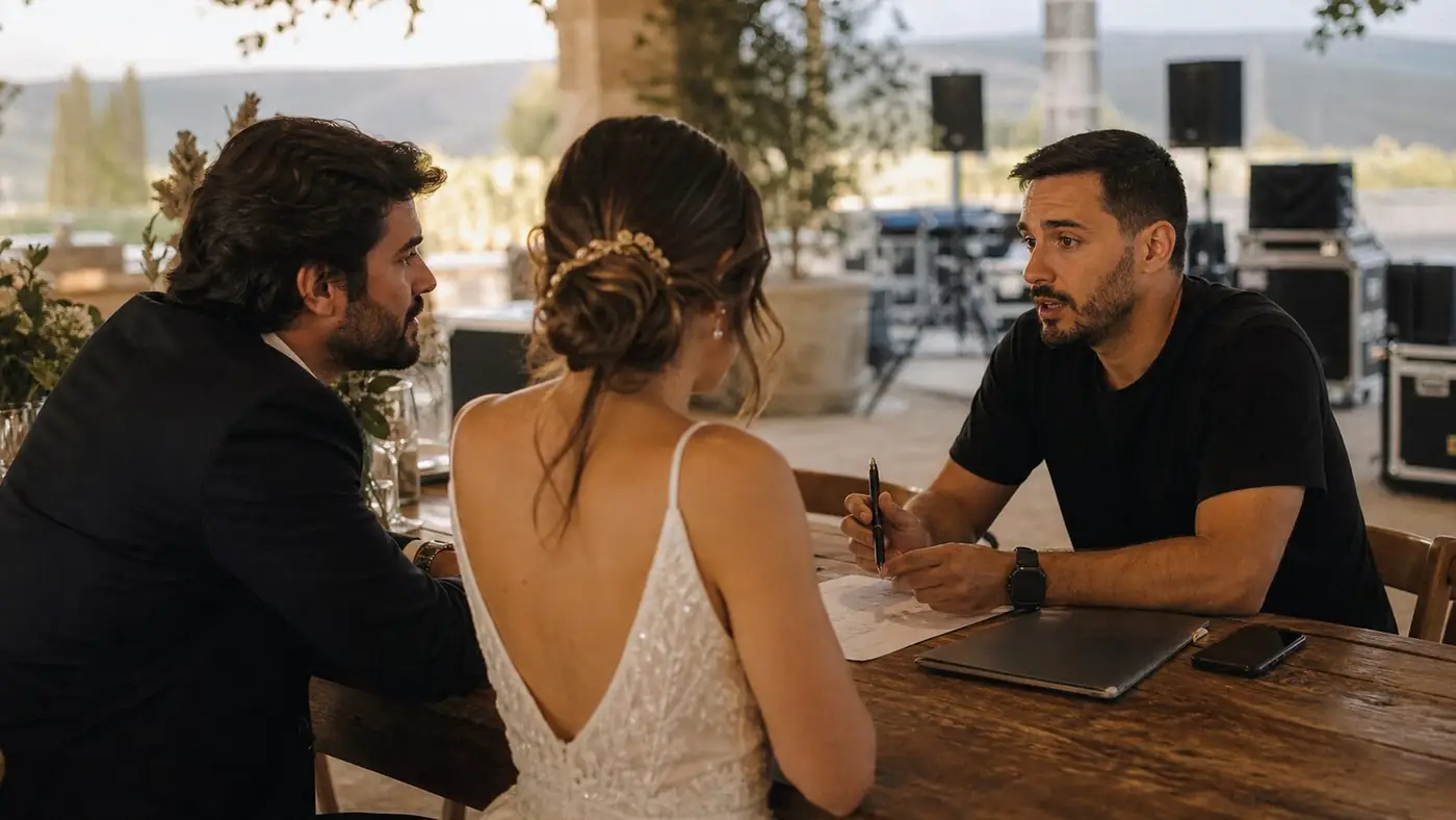 Reunião de acompanhamento com casal num espaço de casamento