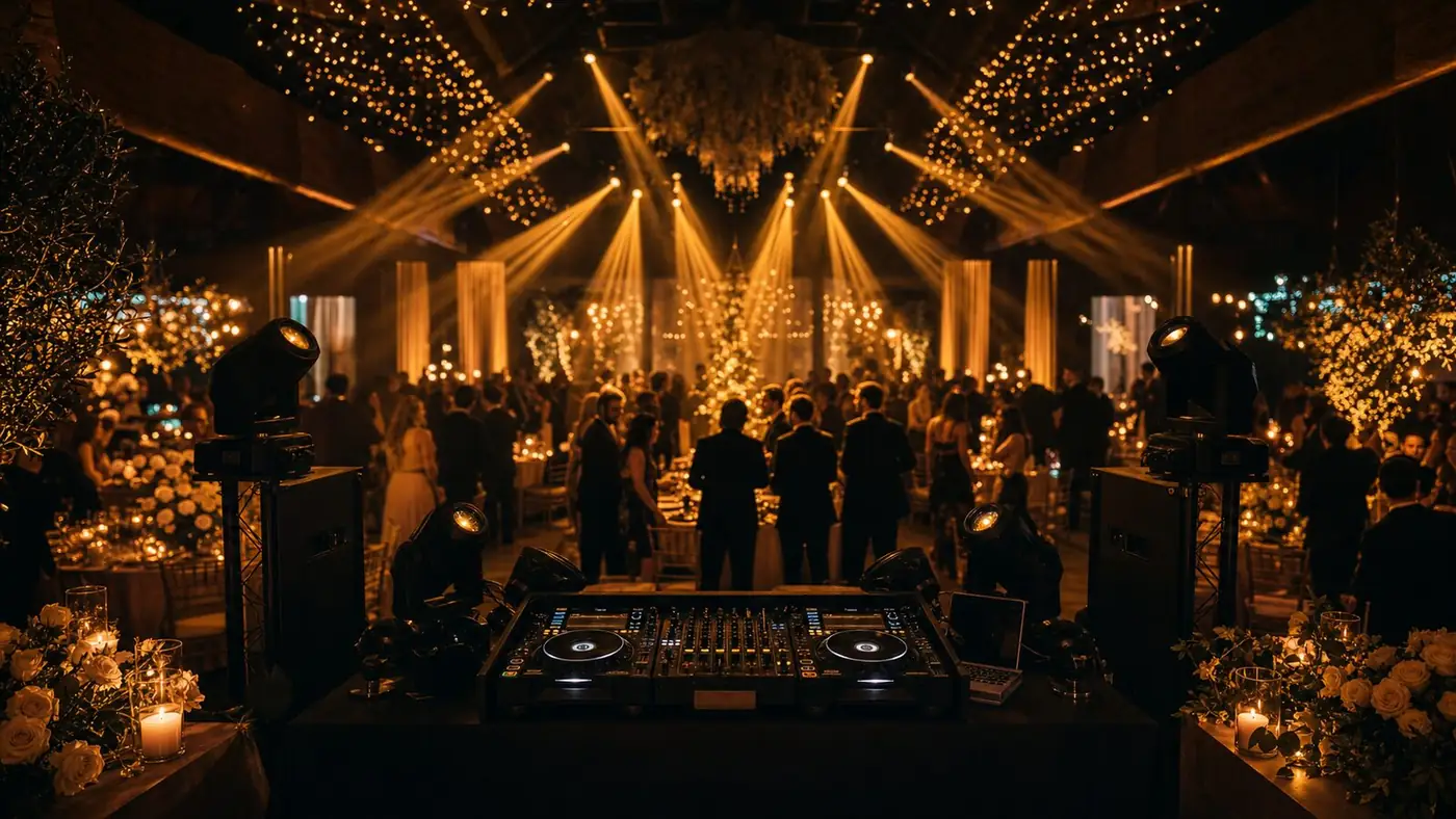 Produção premium de casamento com DJ, som e iluminação em ambiente dourado