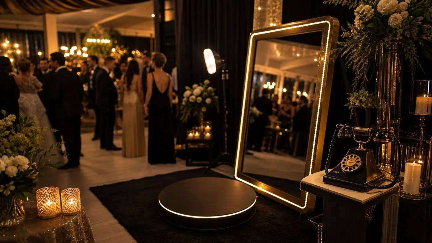 Mirror booth e audio guestbook em zona de animação de casamento