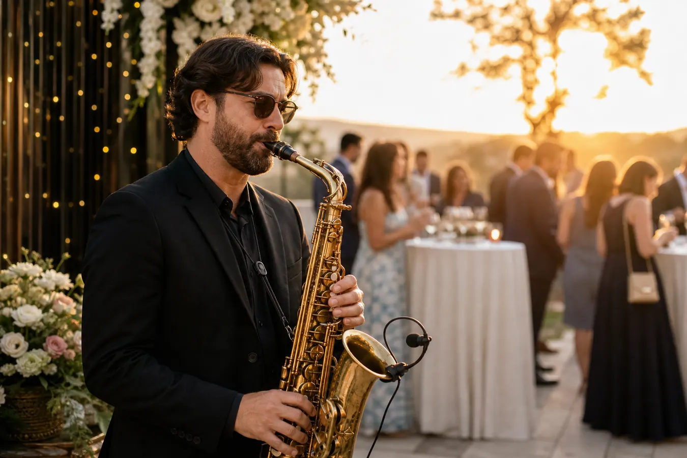 Saxofonista ao vivo em cocktail de casamento